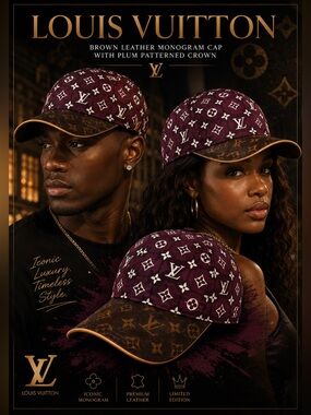 New!🔥Louis Vuitton Brown Leather Monogram Cap with Plum Patterned Crown!🔥